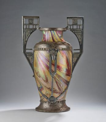 A large handled vase made of Bohemian glass with metal mount by Moritz Hacker, model number 8149, before 1912 - Jugendstil and 20th Century Arts and Crafts