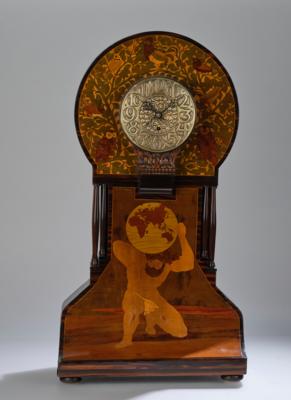 A large clock with inlaid atlas, bird motifs and brass dial with leaf motifs, c. 1928 - Secese a umění 20. století
