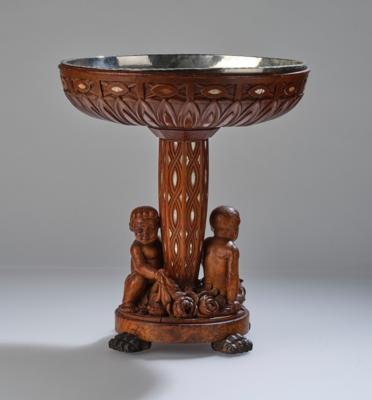 A high wood centrepiece with two seated putti and rose decoration, with a sterling silver liner, Germany, c. 1930 - Secese a umění 20. století