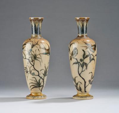 A pair of vases with flying birds and branches with perched birds, manufactured by R. W. Martin and Brothers, London, Southall - Secese a umění 20. století