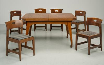 Richard Riemerschmid (Munich 1868-1957), a large extensible dinner table with six chairs, designed in 1902, executed by Dresdner Werkstätten für Handwerkskunst - Jugendstil e arte applicata del XX secolo