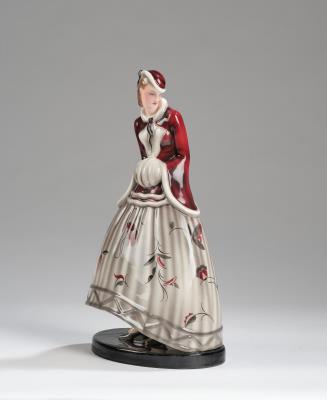 Claire Weiss (Klára Herczeg), a lady with cap and muff, standing on an oval base, model number 6507, executed by Wiener Manufaktur Friedrich Goldscheider, by c. 1941 - Jugendstil and 20th Century Arts and Crafts