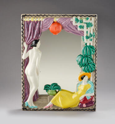 Anton Klieber, mirror frame im Art Deco style with two female figures and curtain, a lantern and green Plants, model number: 261, Keramos, Vienna, to c. 1949 - Jugendstil e arte applicata del XX secolo