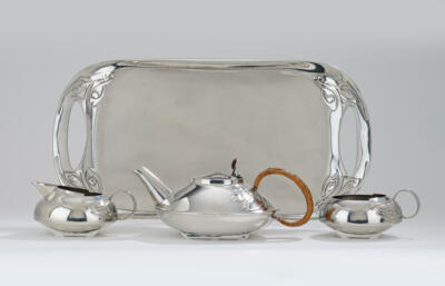 Archibald Knox, a three-piece tea service, model number 231, and a handled tray "Tudric", model number 309, Liberty & Co., London, c. 1901 - Jugendstil e arte applicata del XX secolo