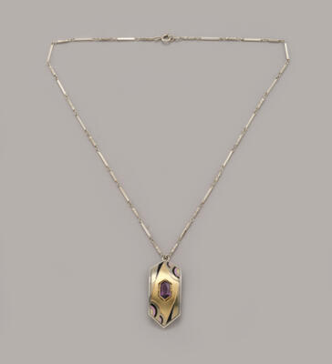 Art Déco silver necklace with gold applications, enamel and an amethyst, Paris, c. 1920 - Secese a umění 20. století