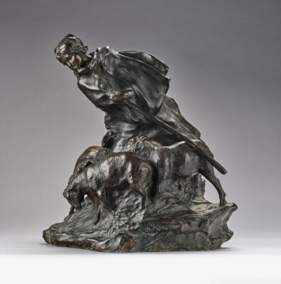 Charles Korschann (Czech, 1872-1943), a large bronze group: a shepherd with sheep, Paris - Secese a umění 20. století