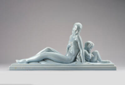 Charles Lemanceau (1905-1980), Art Déco sculpture: faun and nymph, probably Manufacture de Saint-Clément - Jugendstil e arte applicata del XX secolo