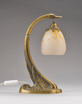 Charles Ranc, a gilt bronze “swan lamp” with a lamp shade by Verrerie Schneider, Epinay-sur-Seine, c. 1925/30 - Jugendstil and 20th Century Arts and Crafts