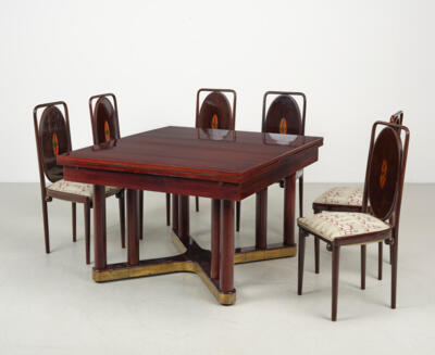 A large extensible dinner table with six chairs, designed before 1908, Jacob & Josef Kohn, Vienna - Secese a umění 20. století