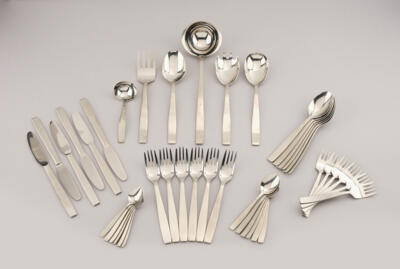Helmut Alder, a complete 42-piece cutlery set for six persons in a cutlery box, model 2050, “Super”, Neuzeughammer Ambosswerk, designed in 1954. - Jugendstil and 20th Century Arts and Crafts