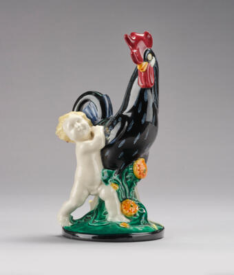 Michael Powolny, a putto with rooster, WK model number 201, Gmundner Keramik, 1923-32 - Jugendstil e arte applicata del XX secolo