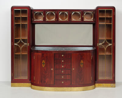 A furniture ensemble: a large sideboard, with glazed cupboard elements above and two tall display cabinets on either side, designed before 1908, executed by Jacob & Josef Kohn, Vienna - Jugendstil e arte applicata del XX secolo