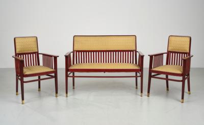 A suite of furniture, consisting of: a settee for two persons and two armchairs, model number 420, designed before 1914, executed by Jacob & Josef Kohn, Vienna - Jugendstil e arte applicata del XX secolo