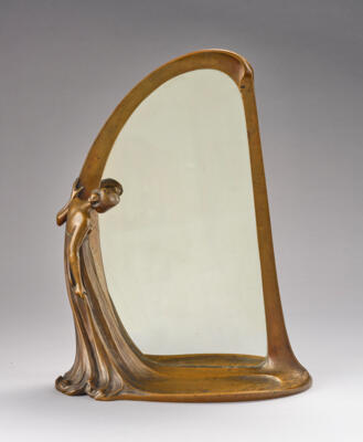 A bronze mirror (toilet mirror) with a female figure in a long dress, in the style of Gustav Gurschner, c. 1900 - Jugendstil e arte applicata del XX secolo