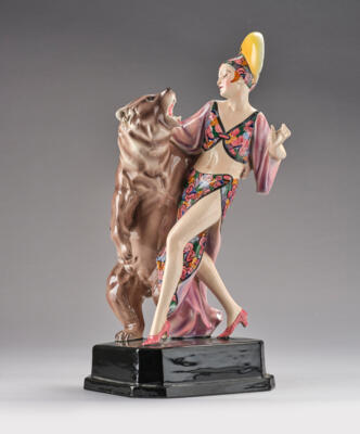 A female dancer with a bear, model number 480, Marcell Goldscheider, Vienna, 1928-39 - Jugendstil e arte applicata del XX secolo