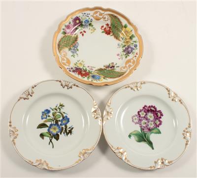 Prachtvoller Blumen-Teller und Paar botanische Teller - Antiques