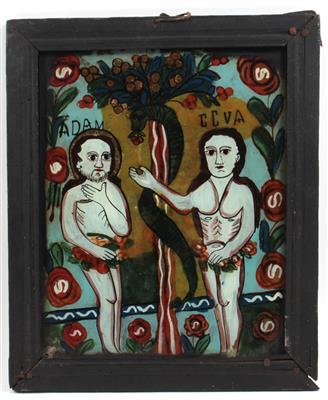 Hinterglasbild, Adam und Eva, - Antiquitäten