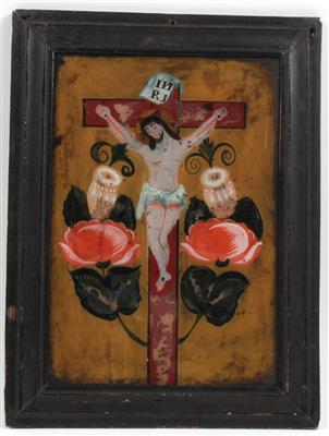 Hinterglasbild, Christus am Kreuz, - Starožitnosti