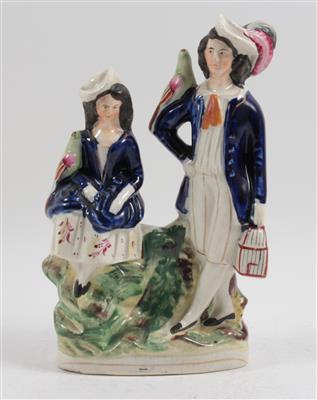 Dame und Herr mit Vogel und Vogelkäfig, - Antiques