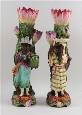 1 Paar Jugendstil-Vasen mit dunkelhäutigen Kindern, - Antiquitäten