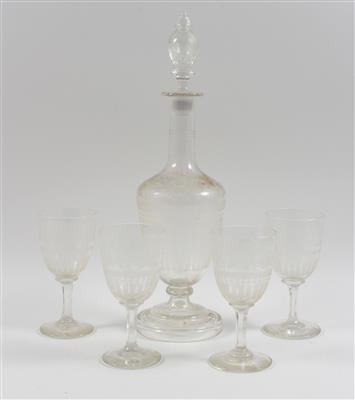 Karaffe mit Stöpsel und 4 Gläser, - Antiquitäten