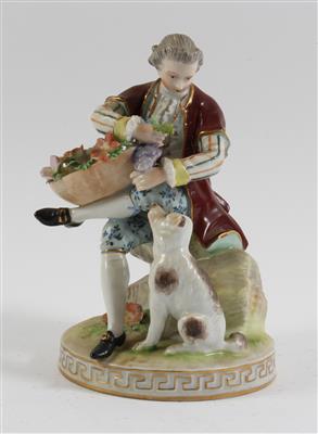 Sitzender Mann mit Blumenkorb und Hund, - Antiques