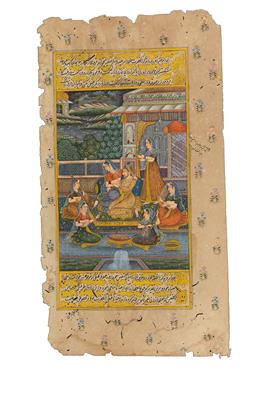 Indien: Eine indo-persische Miniaturmalerei 'Maharadscha mit Frauen im Garten', 18./19. Jh., Rajasthan-Stil. - Starožitnosti