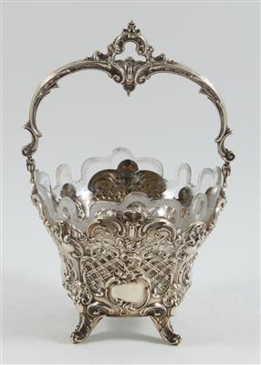 Deutsche Silber Henkelschale mit Glaseinsatz, um 1890, - Antiquariato