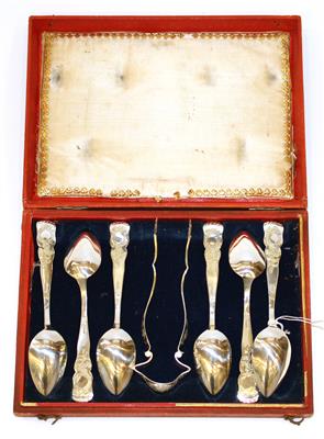 6 Grazer Silberlöffel mit Zuckerzange von 1844, - Starožitnosti