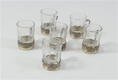 6 deutsche Silber Schnapsbecher mit Glaseinsatz, - Sommerauktion - Antiquitäten