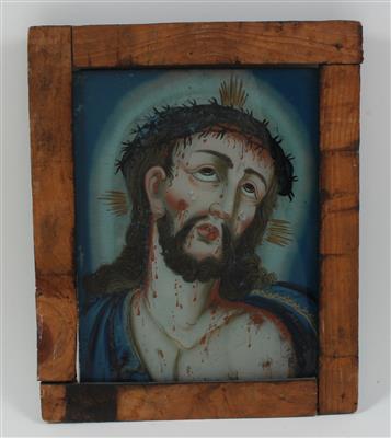 Christus mit Dornenkrone, Hinterglasbild, - Antiquitäten