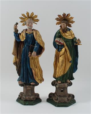 Hl. Petrus und Paulus, Holz Skulpturen alpenländisch 19./20. Jh., - Antiques