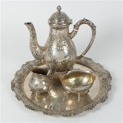 Silber Kanne, Gießer, Zuckerschale und Tablett, - Antiques