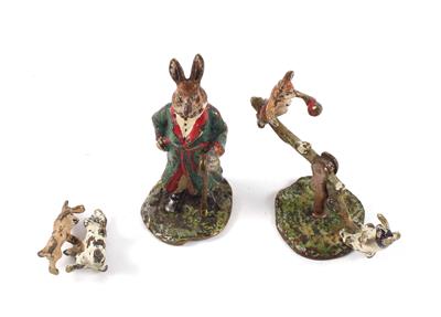 Schaukelnde Hasen, 2 tanzende Hasen, Hase mit Stock, - Antiquariato