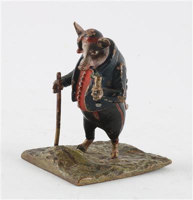 Schwein in Anzug mit Pfeife und Stock, - Antiquitäten