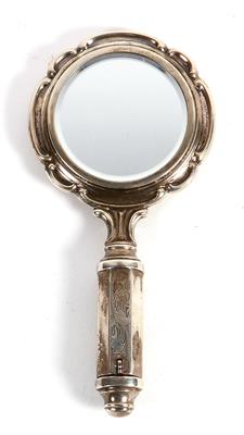 Kleiner Silber Taschenhandspiegel mit integrierter Puderdose und Lippenstift, - Starožitnosti