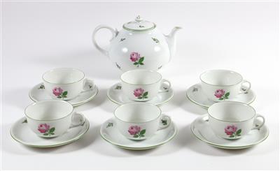 1 Teekanne mit Deckel, 6 Teetassen mit Untertassen, - Antiquitäten