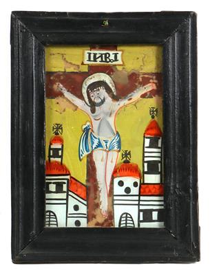 Hinterglasbild, Christus am Kreuz, - Antiquitäten