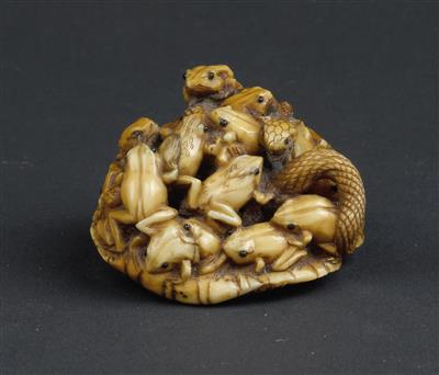Netsuke einer Schlange und Schildkröte mit Fröschen auf Blatt, Japan, Meiji Periode, signiert Masamitsu - Asiatica