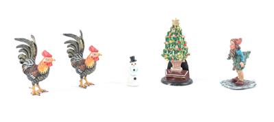 2 Hähne, 1 Wichtel, 1 Weihnachtsbaum, 1 Schneemann, - Antiques