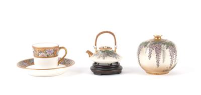 Satsuma Vase, Miniatur-Teekanne, Tasse mit Untertasse, Japan, Meiji Periode, signiert Konkozan - Asiatica