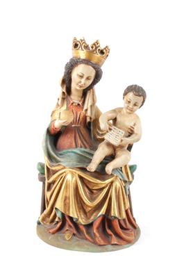 Thronende Madonna mit Kind, - Volkskunst, Skulpturen, Fayencen