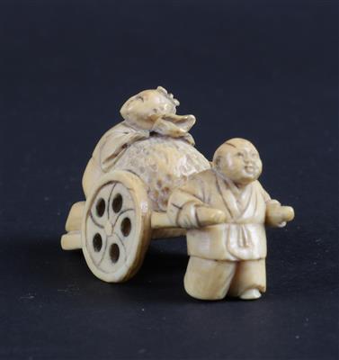 Netsuke eines Mannes der einen Karren zieht, - Asiatica