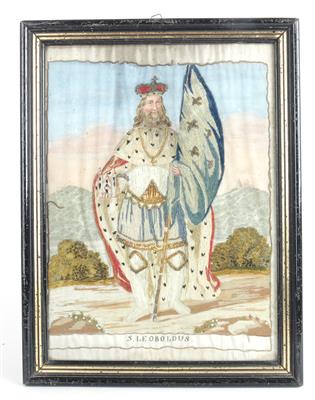 Zwei bestickte Seidenbilder, S. Theresia und S. Leoboldus, - Summer auction Antiques