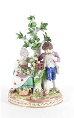 Mädchen und Knabe unter Baum mit Vogelkäfig, - Antiques