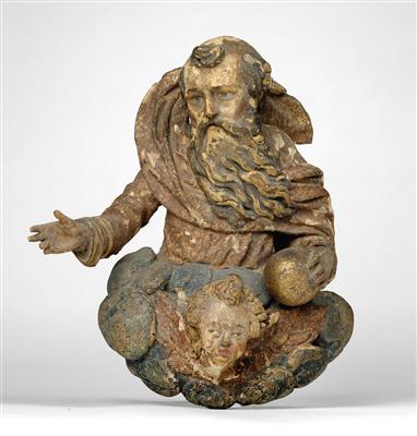Gottvater über Wolke mit geflügeltem Engelsköpfchen, - Skulpturen, Volkskunst und Fayencen