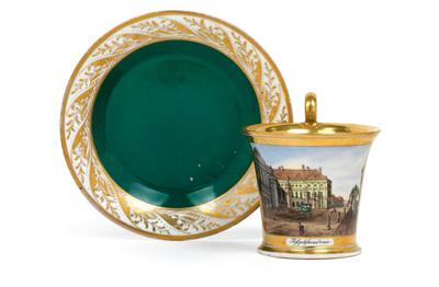 "Josephsakademie" Veduten- Tasse mit Untertasse, - Antiques