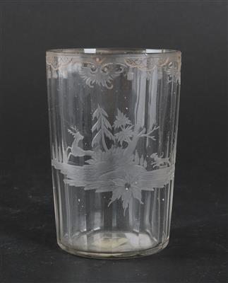Farbloses Glas mit Jagdszene, - Antiquitäten