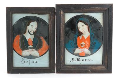 Paar zusammengehörige Hinterglasbilder, Herz Jesu und Herz Maria, - Antiquitäten