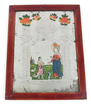 Spiegelschliff Hinterglasbild, Maria erscheint einem Mädchen - Antiquitäten